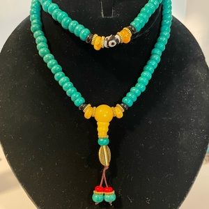 Turquoise, Agate and Glass Mala Necklace